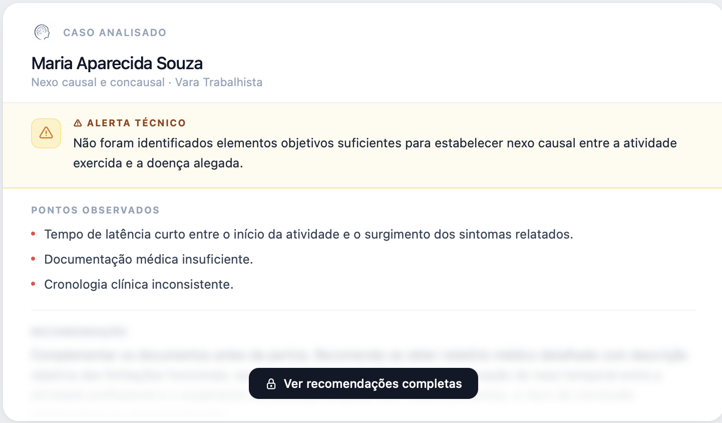 Alerta técnico do Mente do Perito indicando fragilidades identificadas no caso