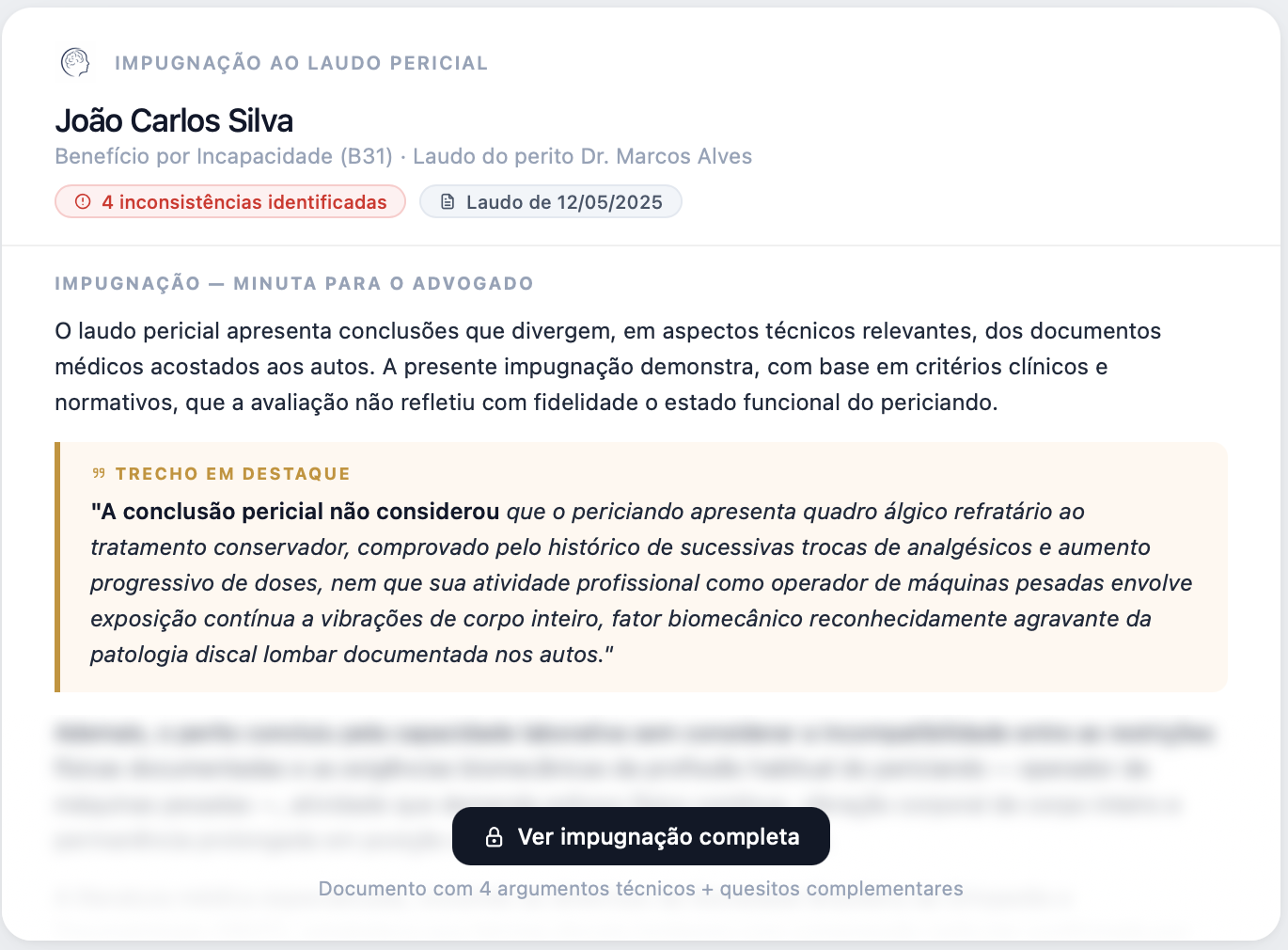 Impugnação ao laudo pericial gerada pelo Mente do Perito com trechos técnicos destacados